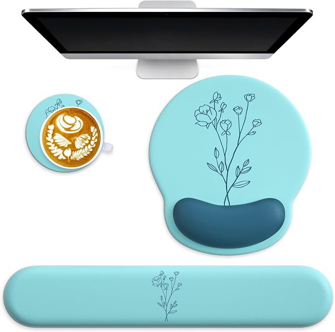 3 in 1 Ergonomic Mouse Pad and Keyboard Wrist Rest with Coaster Set-Blue by Wiabsi