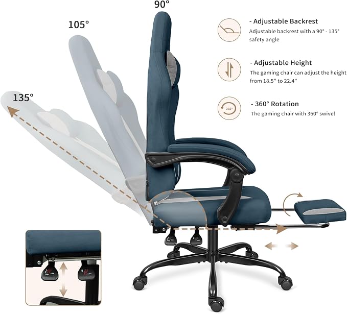 Breathable Fabric Gaming Chair with Footrest - Blue/Light Grey | 90°-135° Recline, 18.5”-22.4” Height Adjust, Breathable Fabric, Footrest for Rest, for Gaming/Office, 15 Min Assembly - Image 4