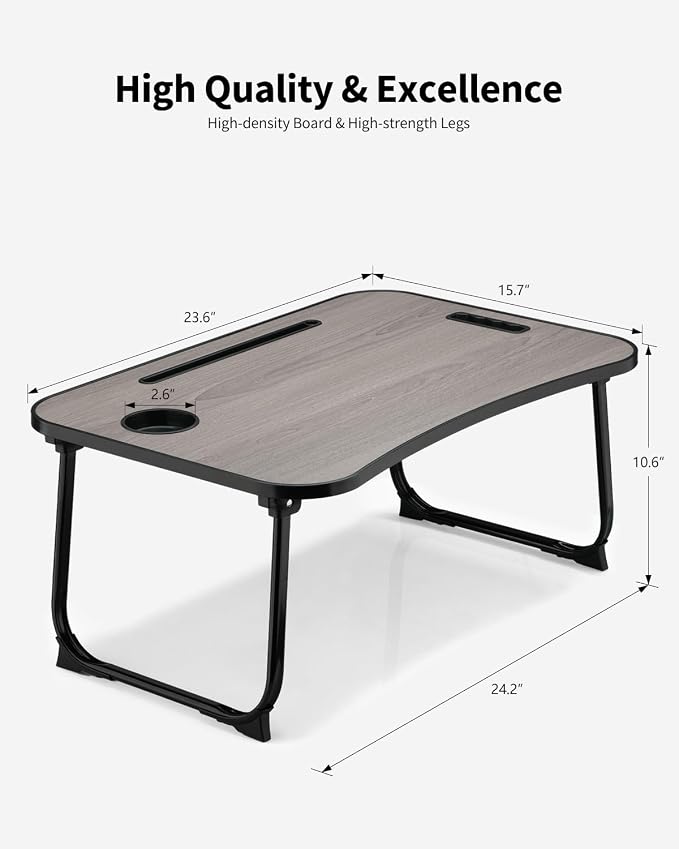 Foldable Lap Desk, Laptop Bed Desk, Portable Lap Table, Laptop Bed Table with Cup Holder & Tablet Slot & Lifting Handle for Working Writing Drawing & Eating - Gray Wood - Image 4