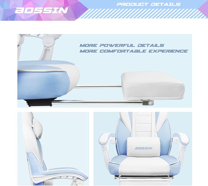 BOSSIN Gaming Chair with Massage, Ergonomic Heavy Duty Design with Footrest and Lumbar Support, Large Size Cushion High Back Office Chair, Big and Tall Gaming Computer Chair for Kids（White and Blue） - Image 5