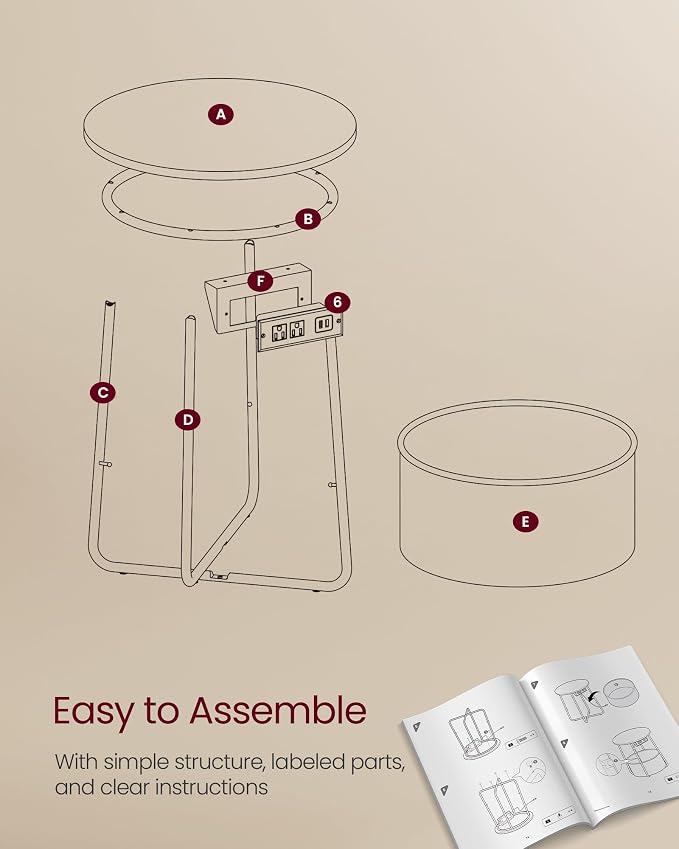 VASAGLE Side Table with Charging Station,Fabric Basket, Round End Table - Image 8