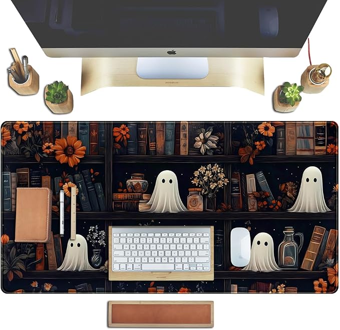 Cute Ghost Desk Mat Dark Vintage Large Mouse Pad Gaming Black Mouse Pad XXL Large Gaming Mousepad Desk Mat for Desktop Office Computer Laptop Keyboard and Mouse Mat - 31.5 X 15.7 in Desktop Protector - Image 5