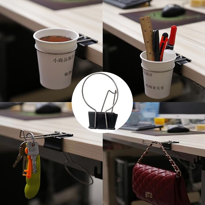 OULIGET Desk Cup Holder Binder Clips Hooks,Disposable Paper Cup Table Edge Clamp,Headphone Bag Keys Hats Pencil Hanger for Home Office and School,2 Pack - Image 6