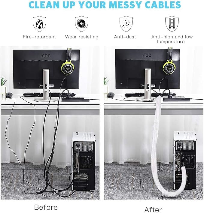AGPTEK Cable Sleeve, 6.6ft - 2/3 inch Cable Management Cord Hider, White - Image 4