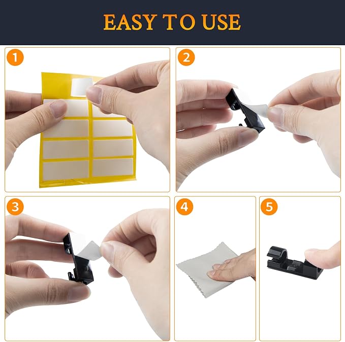 SOULWIT 50 Pcs Self Adhesive Cable Management Clips, Cable Organizers Sticky Wire Clips Cord Holder for TV PC Laptop Ethernet Cable Desktop Home Office (Black) - Image 8