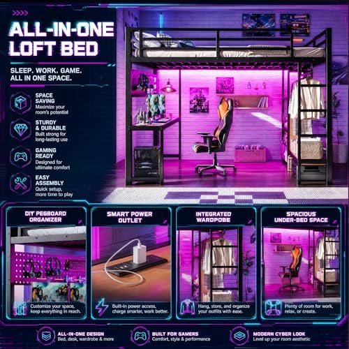 Bellemave Metal Queen Size Loft Bed with Desk and LED Lights,Heavy Duty Loft Bed Frame with Storage Shelves and Charging Station for Kids,Teens,Adults, Space Saving,Black - Image 4