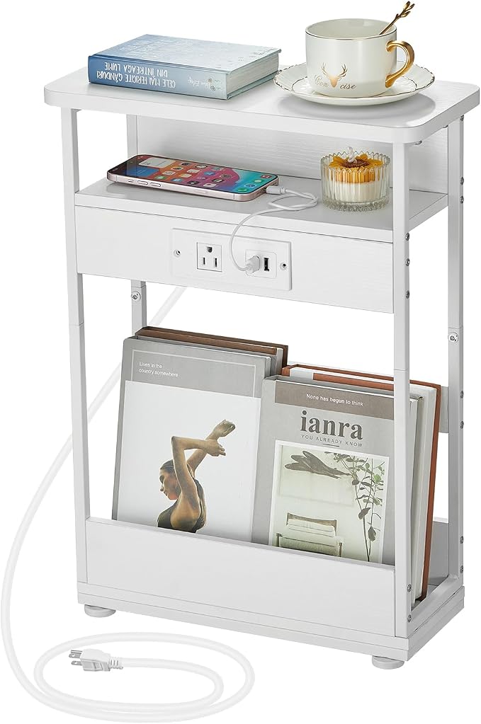YEAKOO Narrow Side Table with Charging Station, 3-Tier End Table with 2 USB Ports & Power Outlets,Thin Sofa Side Table for Narrow and Small Spaces, Bedside Table Nightstand for Living Room,White by YEAKOO