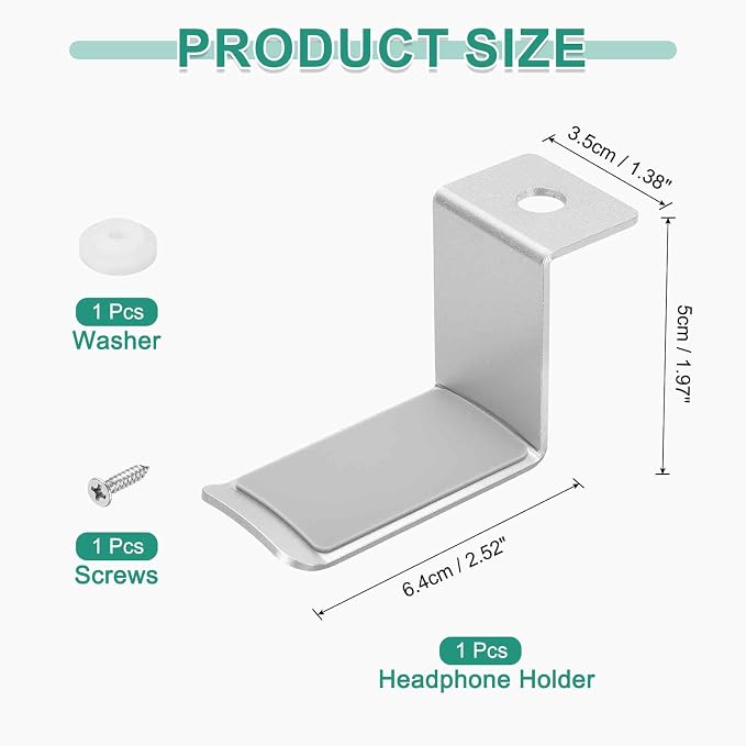 HARFINGTON Headphone Holder Stand Aluminum Headset Hook Headphone Clip Under Desk Hanger with Washer and Screws for Bedrooms Study Libraries Offices, Silver (5cm) - Image 2