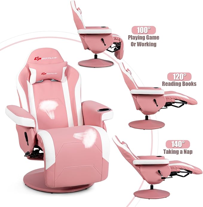 POWERSTONE Gaming Recliner, PU Massage Gaming Chair with Footrest, Cup Holder, Headrest and Side Pouch, Adjustable Single Sofa Living Room Chair(Pink) - Image 6