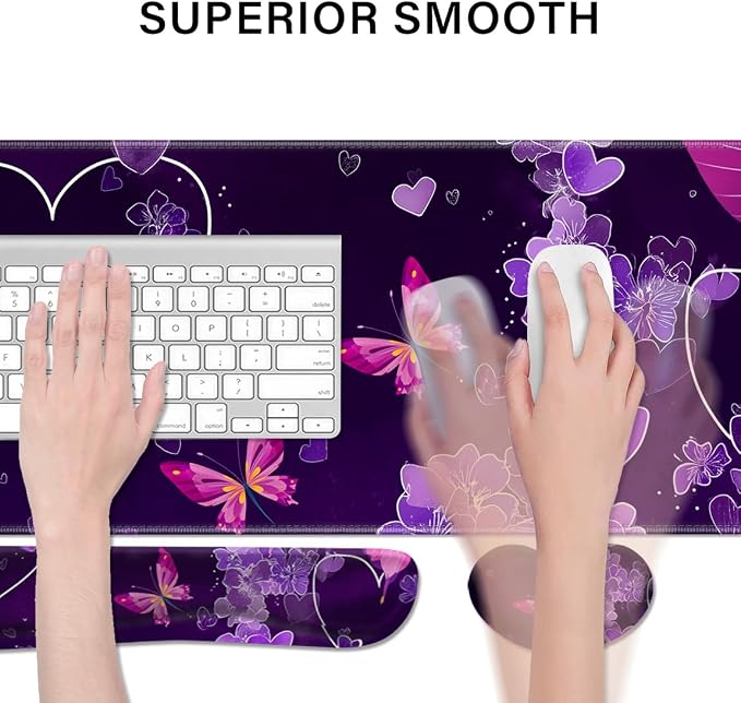 Desk Pad and Keyboard Wrist Rest, Large Mouse Pad + Keyboard Pad+Mouse Wrist Support, Non-Slip Desk Mat Protector for Office, Home 31.5×11.8 Inches Purple Butterfly - Image 2