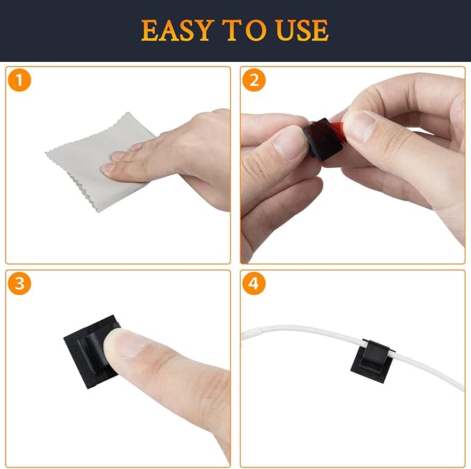 SOULWIT 50 Pcs Self Adhesive Cable Management Clips, Cable Organizers Sticky Wire Clips Cord Holder for TV PC Laptop Ethernet Cable Desktop Home Office (Black) - Image 8