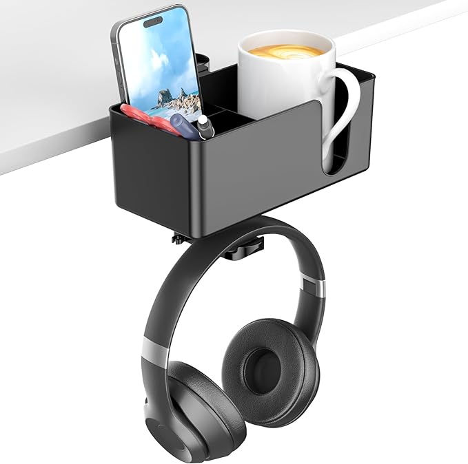 KDD 4 in 1 Desk Cup Holder - Clamp on Under Desk Headphone Hanger - Rotating Headphone Holder Detachable Pen Cup Holder Desktop Storage for Cup, Phone and Pen(Black) by KDD