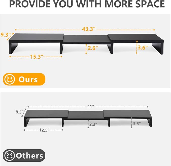 TAVR Dual Monitor Stand Riser Office Desktop Organizer Stand for 2 Monitors, Adjustable Length and Angle 3 Shelf, Extra Long Multifunctional Stand up to 48.2" fit Computer, Laptop, TV, Black - Image 8