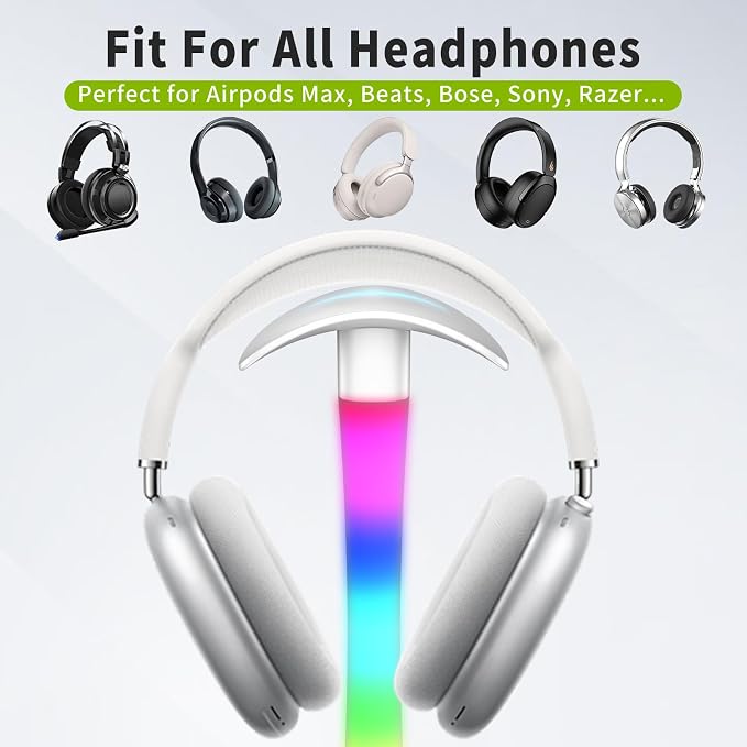 Headphone Stand with Charger,Gaming Headset stand with RGB Light Mode,For Airpod Max Stand,Desk Lamp,Phone Holder,Tablet Holder,desktop organizer,Gifts for Gamers & Music Lover (White) - Image 4