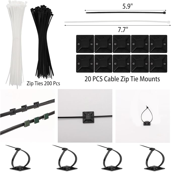 604 Pcs Cable Management Kit, 4 Cord Organizer Sleeve, 7 Cable Holder, 38 Adhesive Cord Clips, 40 Pcs+5 Roll Cable Organizer Straps 200 Cable Ties 300 Cable Wire Clips for PC TV Under Desk - Image 6