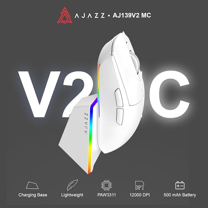 AJAZZ AJ139 V2 MC Wireless Gaming Mouse with RGB Charging Dock, 66g Ultra-Lightweight Tri-Mode Optical Mouse, 12000 DPI PAW3311 Sensor, Ergonomic Rechargeable Gaming Mouse for PC/Mac - White - Image 2