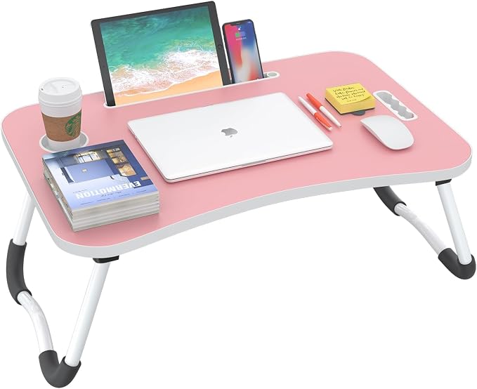 BUYIFY Folding Lap Desk, 23 Inch Portable Wood Blue Laptop Bed Desk Lap Desk with Cup Holder, for Working Reading Writing, Eating, Watching Movies for Bed Sofa Couch Floor-Pink 02 by BUYIFY