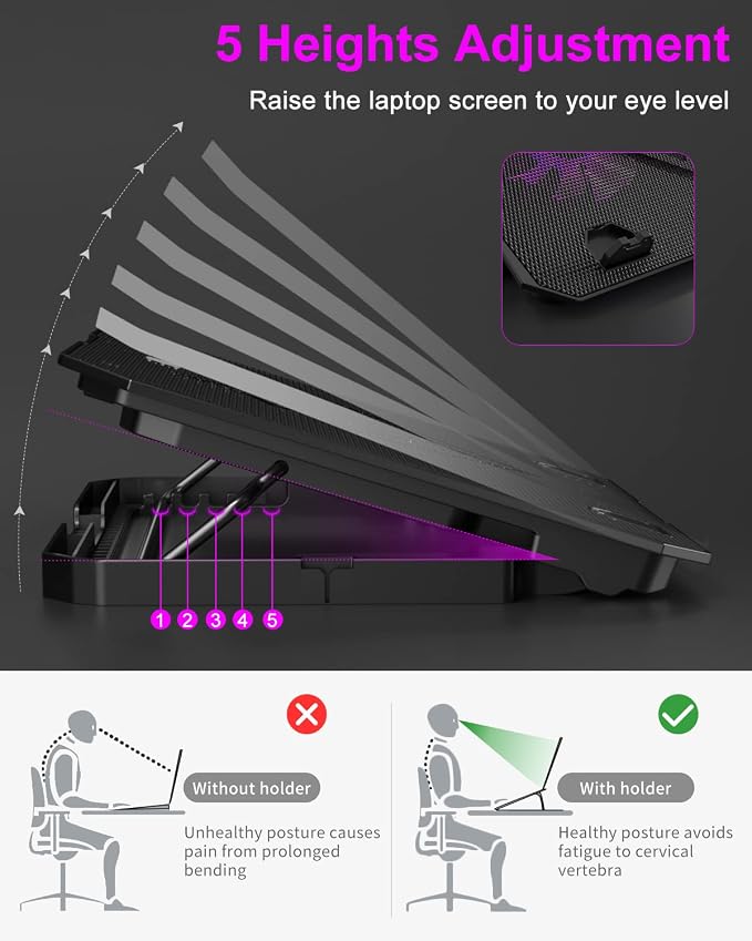 KeiBn Upgrade Laptop Cooling Pad, KeiBn Laptop Cooler 2 Fans for 10-15.6 Inch Laptops, 5 Height Stands, 2 USB Ports (S039-Purple) - Image 3