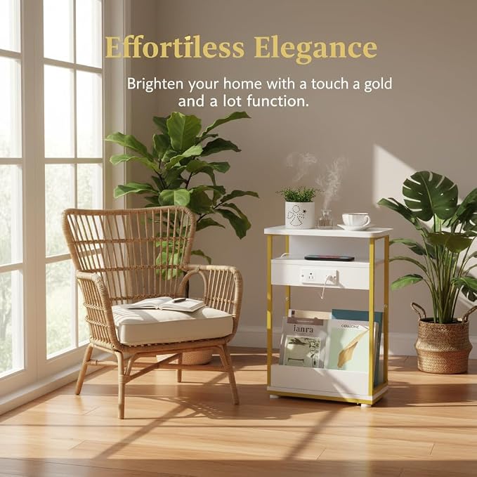 YEAKOO Narrow Side Table with Charging Station, 3-Tier End Table with 2 USB Ports & Power Outlets, Thin Sofa Side Table for Small Spaces, Bedside Table Nightstand for Living Room, White+Gold - Image 7