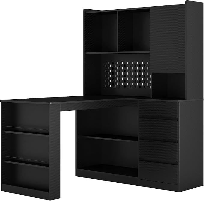 KEIKI L Shaped Home Office Desks with LED Light, Pegboard, Hutch, Drawers, Bookshelf & Storage Shelves, Modern Wooden Gaming Computer Corner Table for Work, Study, Writing - Image 7