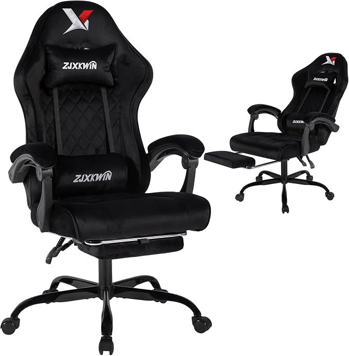 Fabric Gaming Chair for Adults,400lbs Ergonomic Office Chair with Footrest | Black Computer Chair with High Back,Racing Style, Spring Wide Cushion, Adjustable Headrest & Lumbar Support, 90-135° Recline by Unknown