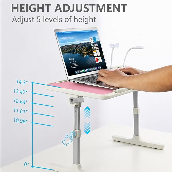 Laptop Desk for Bed, Height & Angle Adjustable Lap Desk with USB Cooling Fan, LED Light and USB Ports, Foldable Portable Laptop Table for Couch, Sofa, Floor, Reading, Writing (Pink) - Image 3