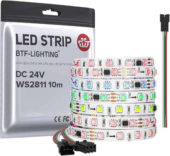 BTF-LIGHTING WS2811 Addressable RGB LED Strip DC24V 32FT 600LED 100Pixel by BTF-LIGHTING
