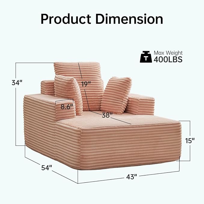 Boneless Chaise Lounge Chair, 54" Oversized Cloud Couch Sofa with Deep Seat, Plush Corduroy Reading Chair for Living Room, Bedroom, Reading Nook, Apartment, Gaming Room & Movie Nights, Pink - Image 2