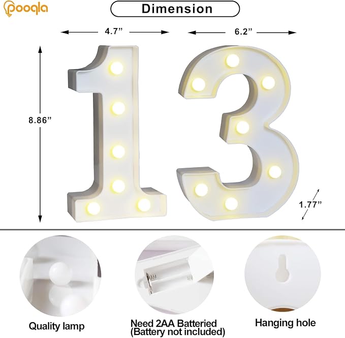 Pooqla 13th Birthday Decoration for Girls Boys, Decorative Marquee Numbers with Remote, Light Up 13 Sign for Party Backdrop 13th Wedding Anniversary Decor, Warm White and Cool White Number 13 - Image 5