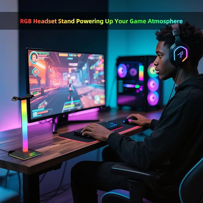 RGB Gaming Headphone Stand with Charging Hub, Headset Holder for Desk with Controller Organizer, 3 Ports USB-A and USB-C, 10 Lighting Modes, Touch Control for PS5 Xbox PC Gaming Setup - Image 6