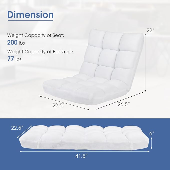 Floor Chair with Back Support, 14-Position Lazy Sofa Chair with Soft Coral Fleece, Folding Floor Gaming Chair, Couch Recliner, Floor Seat for Reading, Meditating, Yoga, Gaming (White) - Image 3