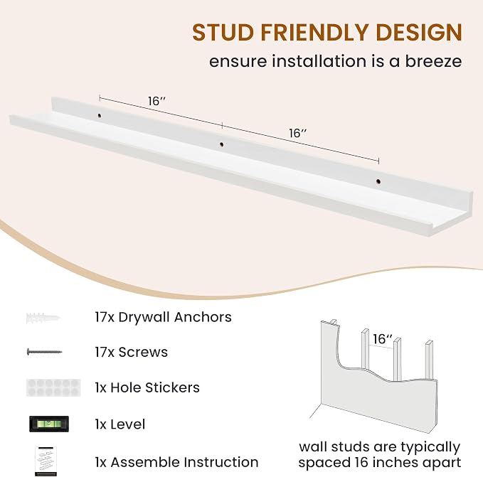 Picture Ledge Shelf, Floating Shelves for Wall Decor, White, Set of 6, 48'' - Image 5