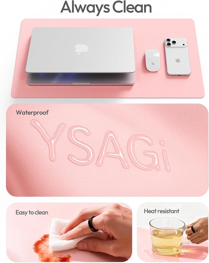 YSAGi Leather Desk Protector, Office Mat, Large Mouse Mat, Non-Slip PU Leather Blotter, Laptop Pad, Waterproof Writing Pad for Office and Home (Light Pink, 23.6" x 13.8") - Image 7