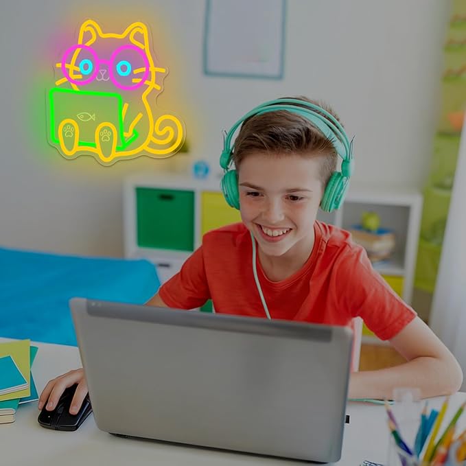 Nerd Cat Neon Sign Technical Support Cat Led Sign Dimmable Kitten with Glasses Playing Laptop Computer Neon Lights Funny Gift for Programmers Cat Lovers - Image 7