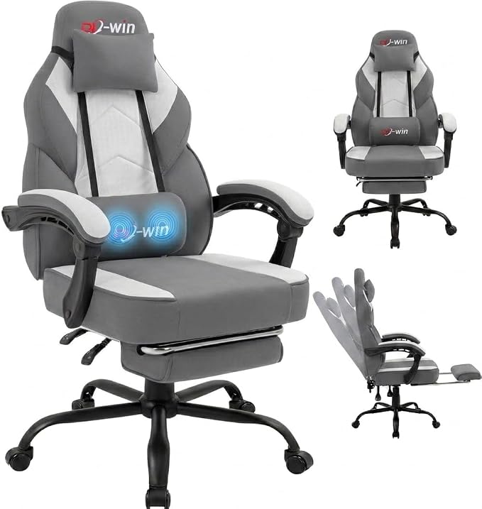 Shintenchi Big and Tall Gaming Chair Fabric Pocket Spring Cushion,High Back Recliner with Footrest and Headrest for Adults, Massage Lumbar Support for Home Office, Ergonomic Computer Desk Chair, Gray by Shintenchi%7CFurnitureMadeforRealLife