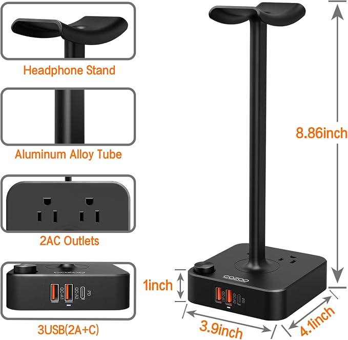 cozoo Headphone Stand with Charger for Desk, Gifts for Gamers Men, Black | Gaming Headset Stand Holder for Desk, 3 USB(1 USB C) and 2 AC Outlets Charging Ports, Headphone Hanger, Gamer Gifts for Men - Image 6