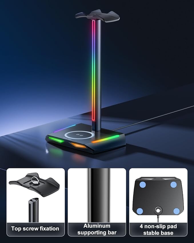 New Bee RGB Headphone Stand with 2 USB-C & 1 USB Charging Ports, Desk Gaming Headset Holder with 7 Light Modes and Non-Slip Rubber Base Suitable for All Earphone Accessories | 2 USB-C & 1 USB Charging Ports, 7 Light Modes, All Earphone Accessories - Image 5