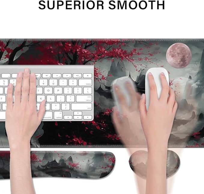Desk Pad and Keyboard Wrist Rest,Janpense Large Mouse Pad + Keyboard Pad+Mouse Wrist Support, Non-Slip Desk Mat Protector for Office, Home 31.5×11.8 Inches Cherry Blossom - Image 2