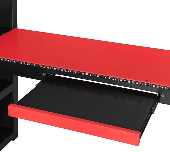 Merax Full Size Gaming Loft Bed with Desk and RGB LED Lights, Pro-Gamer Bed with Power Outlet, Large Bookshelf, Pegboard, Keyboard Tray & Drawer, Red - Image 8