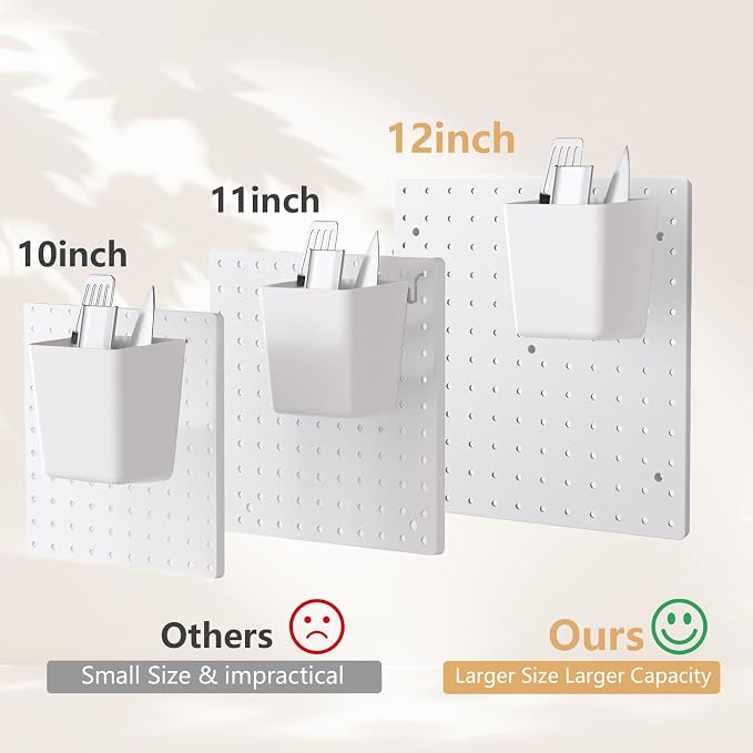 FZK Modular Plastic Peg Board Wall Organizer Kit, 12x12, White | Includes 26 hooks and 2 bins, adhesive or drill mounting, ideal for office, gaming room, garage - Image 4