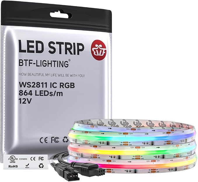 BTF-LIGHTING IP66 RGB WS2811 Smart IC FCOB COB LED Strip, UL Listed 864LEDs/m High Density Color Chasing Uniform Light, DC12V 9.8FT 12mm Width Tape Light for Home DIY Decor(No Adapter or Controller) by BTF-LIGHTING