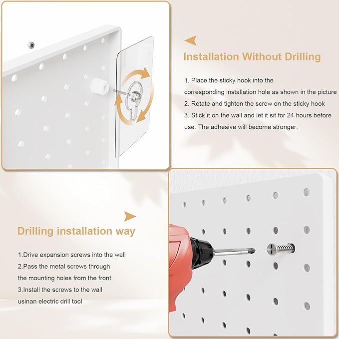 FZK Modular Plastic Peg Board Wall Organizer Kit, 12x12, White | Includes 26 hooks and 2 bins, adhesive or drill mounting, ideal for office, gaming room, garage - Image 6