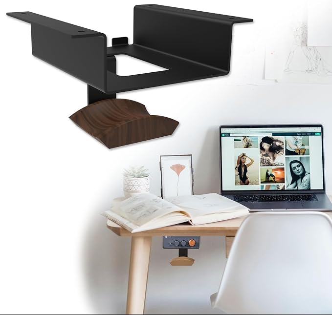 Under Desk Mount for Fosi Audio BT20A Pro with Walnut Wood Headphone Hanger, Metal Amplifier Bracket Shelf for Compact Stereo Amp, Desk Organizer Holder, Black by Pyswex