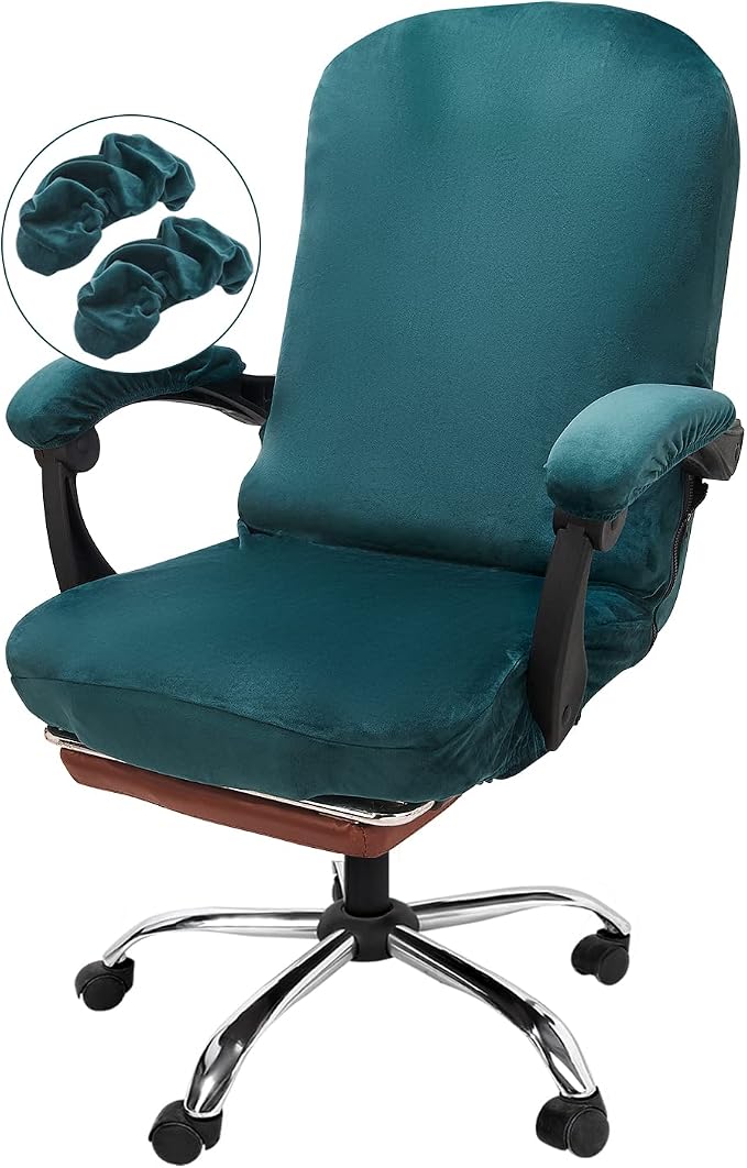 NeColorLife Velvet Office Chair Cover with Armrest Covers, Large, Lake Blue | Soft stretch velvet fabric, fits large high-back office and executive chairs, includes 2 armrest covers, washable and elastic by NeColorLife