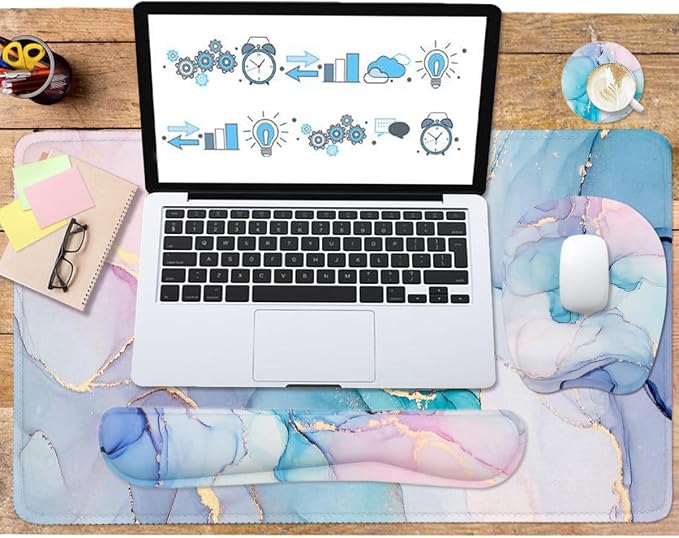 Keyboard Wrist Rest Large Mouse Pad Wrist Support for Computer, 4 in 1 Memory Foam Keyboard Pad Desk Mat Ergonomic Hand Rest Wrist Cushion for Home Office Gaming - Blue Marble - Image 5