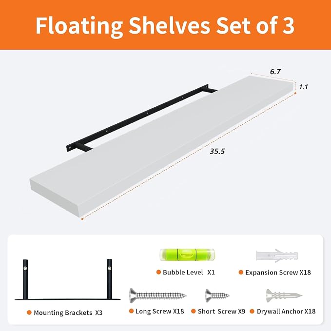 White Floating Shelves for Wall Set of 3, 36" Wall Shelves for Home Decor - Image 3