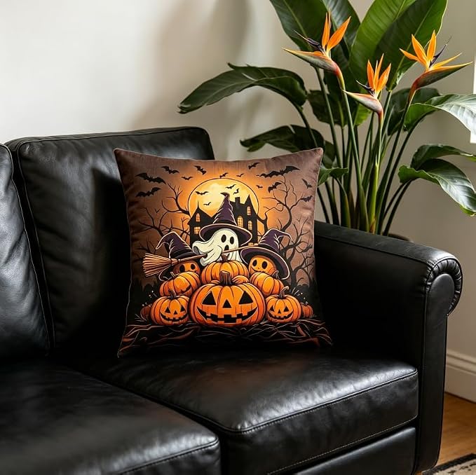 Halloween Throw Pillow Covers, Linen, 18x18 Inch, Set of 2, Ghost Pumpkin and Bat Design, Machine Washable - Image 2