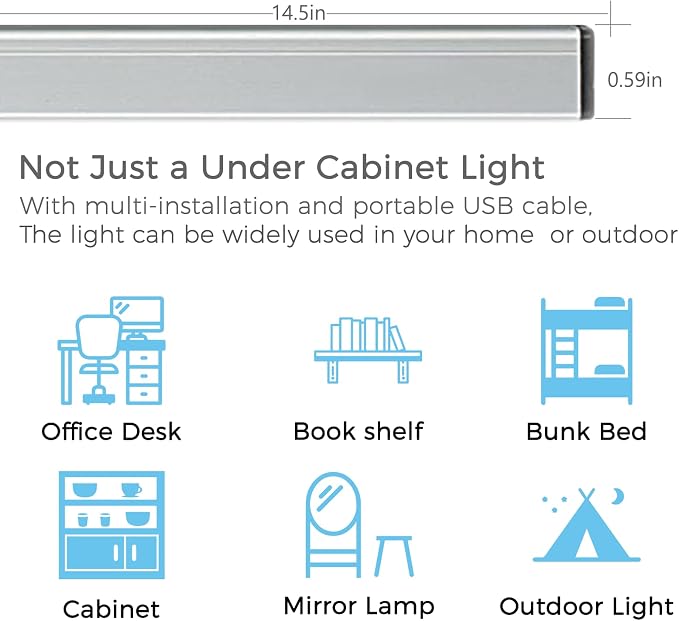 ASOKO LED Under Cabinet Lighting USB Plug-in, Dimmable, 3 Color Temperature, 14.5 in, Under Counter Lights for Kitchen,Shelf,Cupboard, Under Desk Monitor Light Bar (Sliver, 14.5 inch-2 Pack) - Image 4