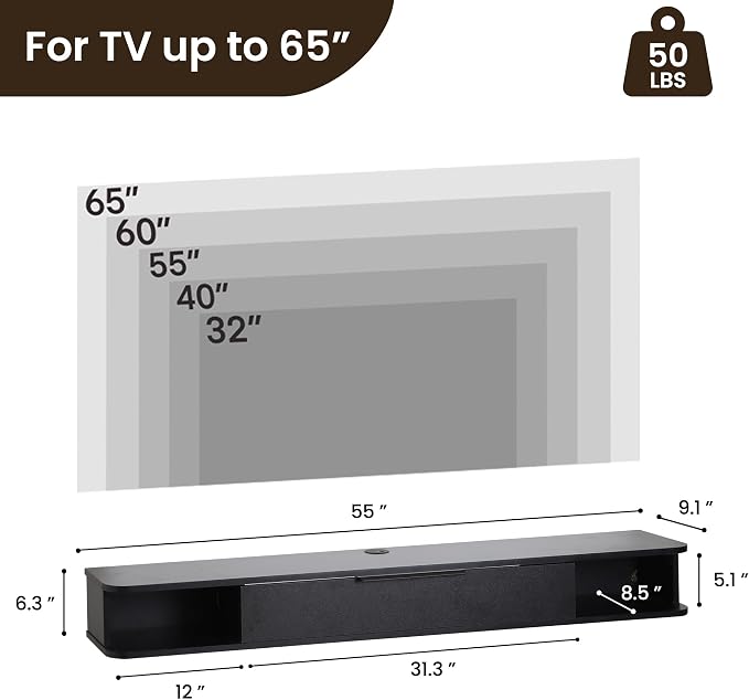 Floating TV Stand, 55" Wall Mounted TV Cabinet, Wood Media Console for TVs up to 65", Entertainment Center with Storage for Living Room, Under TVs Shelf for DVD Player, Black - Image 2