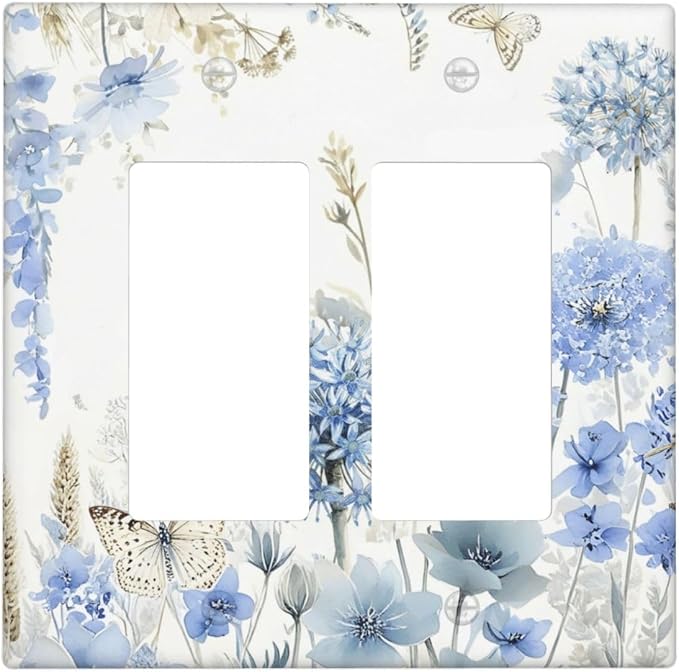 Decorative Outlet Covers Blue Floral Hydrangea Watercolor Wildflower 2 Gang Light Switch Cover Plate Double Rocker Wall Plate Gfci Switch Plate Covers Plug Faceplate for Bathroom Decor by JOOJIAO
